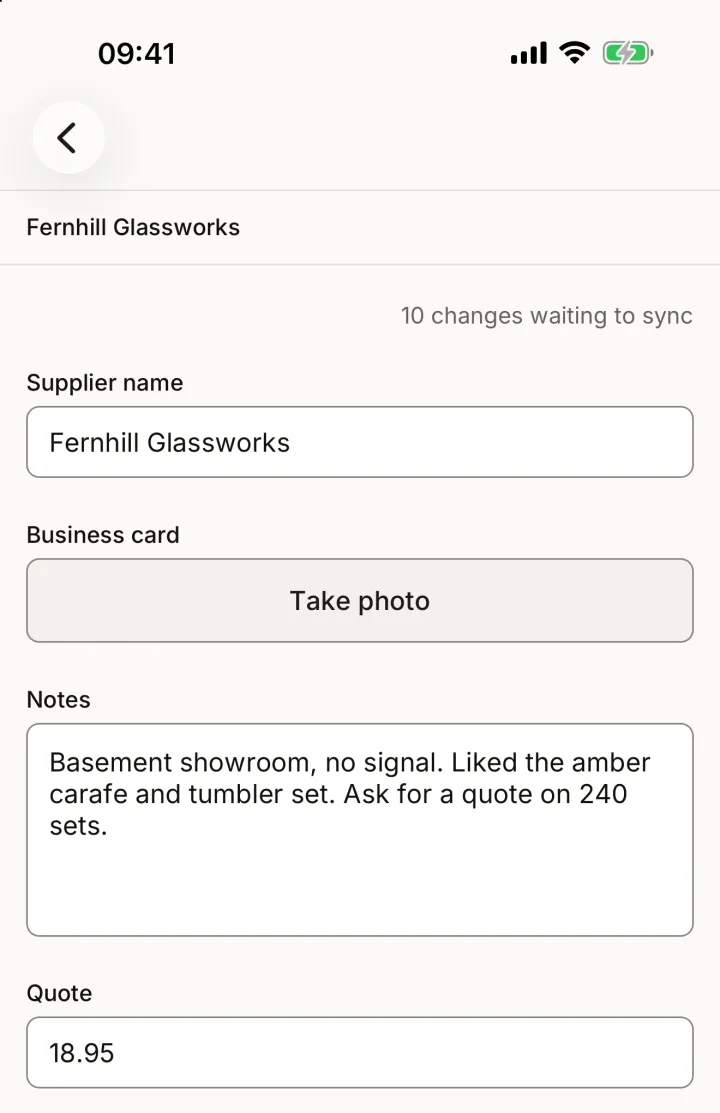 A supplier visit captured with no signal. The app shows 10 changes waiting to sync, and the notes read: Basement showroom, no signal.