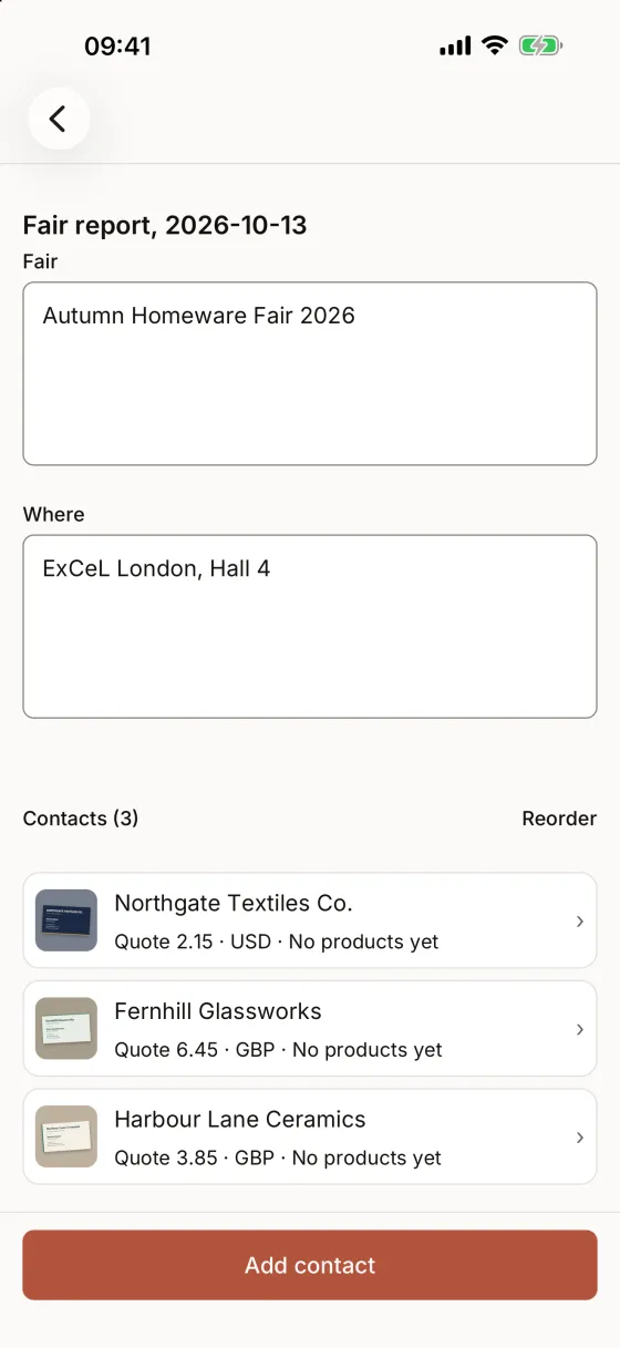 A fair report in the capture app: the fair and its hall, then three contacts as rows, each with a business-card photo and a quoted price.